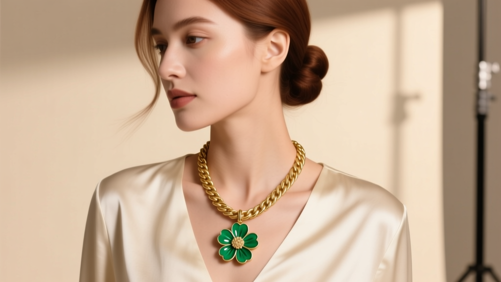 Elegant woman wearing a layered 16-inch gold cable chain with a vivid green enamel flower pendant against a cream silk blouse.