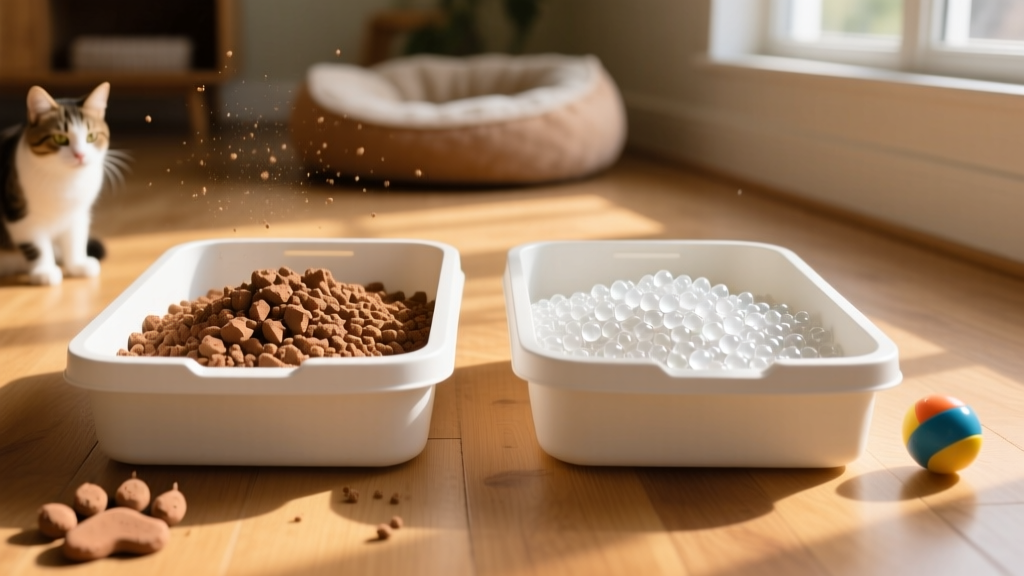 Side-by-side comparison of clay litter granules and silica crystal beads in separate litter boxes