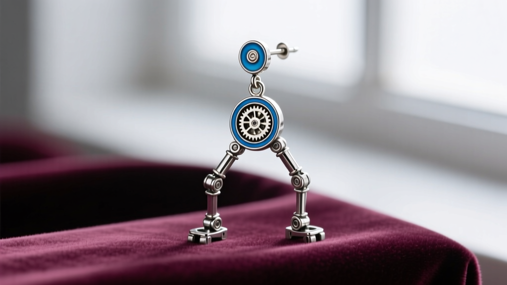 A macro shot of a silver Howls Moving Castle dangle earring on velvet, highlighting mechanical legs and blue enamel.