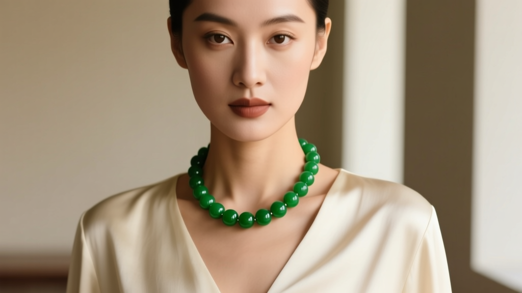 Close-up of a woman with warm olive skin wearing a 20-inch imperial green Type A jadeite bead necklace over a cream silk blouse.