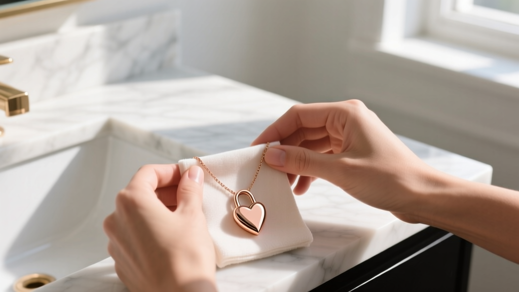 Hands polishing a rose gold heart lock necklace with a soft cloth on a white marble vanity, lit by gentle morning window light.