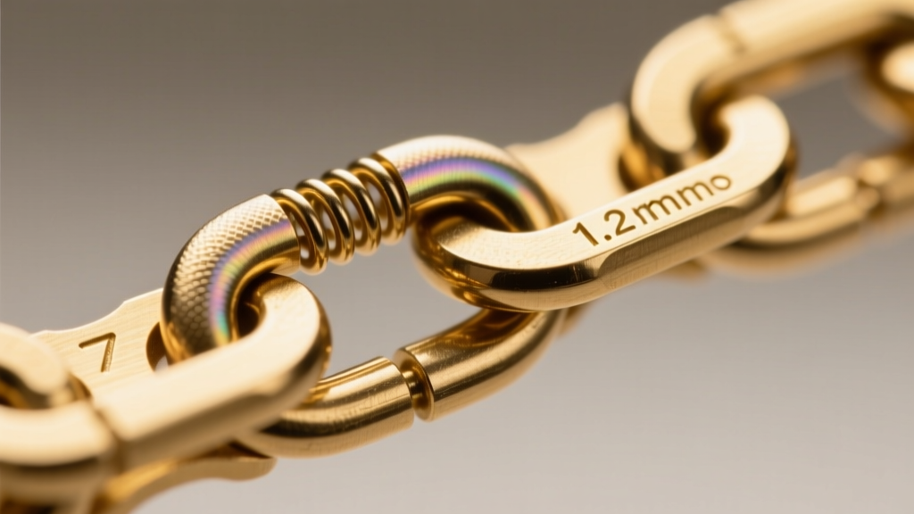 Macro photography of a 1.2mm rolo chain clasp mechanism showing the PVD gold coating thickness and spring ring tension detail