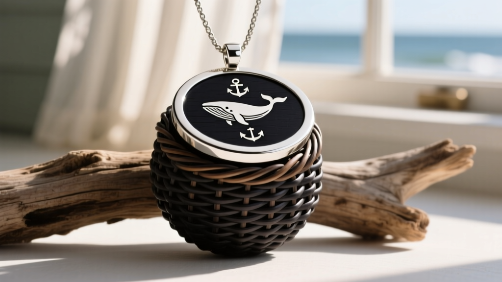 Nantucket basket pendant on driftwood, showing ebony base, cane weave, sterling rim, and scrimshaw lid in soft coastal light.