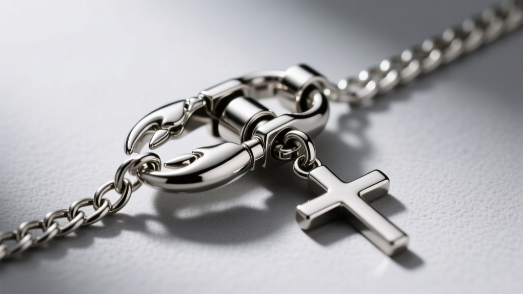 Close-up of a titanium lobster clasp connecting a 3mm curb chain to a cross pendant bail against a grey backdrop with sharp focus.
