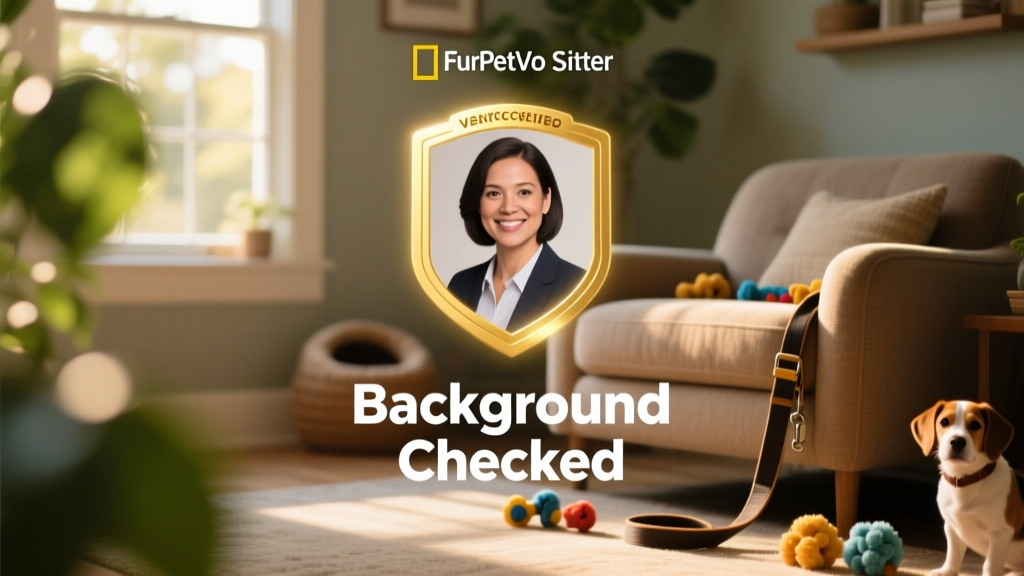 Close-up of a FurPetVo sitter profile showing the verified 'Background Checked' badge displayed prominently beneath the sitter's name and photo
