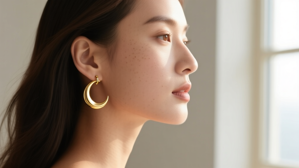 Side profile of a woman wearing a medium gold moon hoop earring, showing how the charm hangs perfectly parallel to her jawline