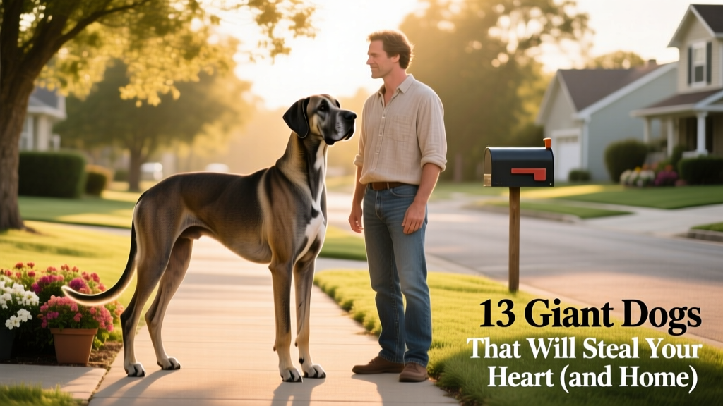 A Great Dane standing tall beside its owner on a sunlit suburban sidewalk, showcasing its elegant stature and calm demeanor