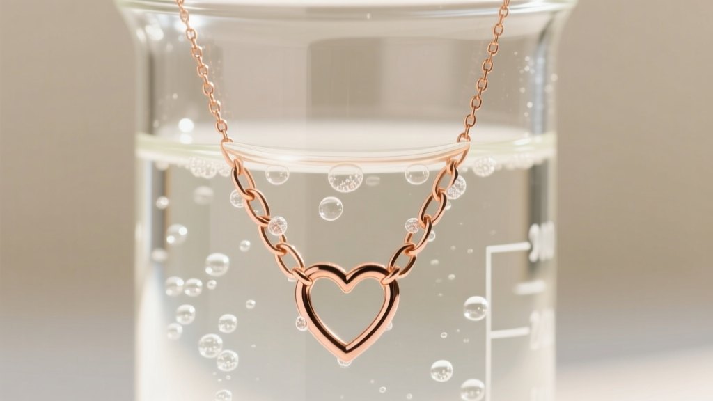 Rose gold heart link necklace submerged in a gentle cleaning solution in a glass beaker, with soft bubbles on the links