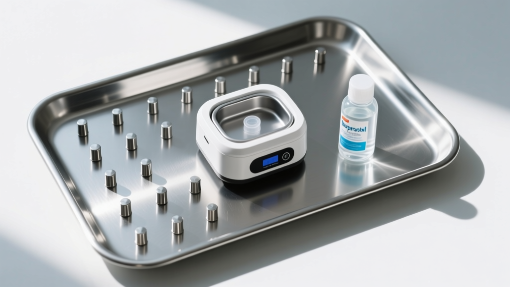 Overhead view of a steel tray holding titanium studs, a mini ultrasonic cleaner, and isopropyl alcohol, bright clinical lighting.