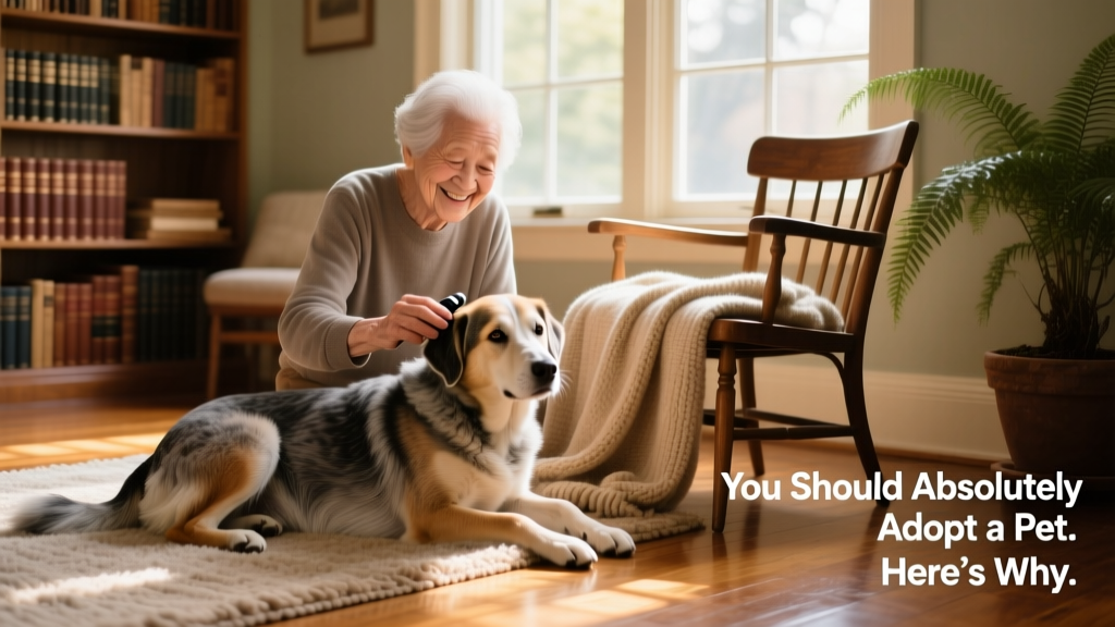 An older adult smiling while gently brushing a calm, senior dog indoors