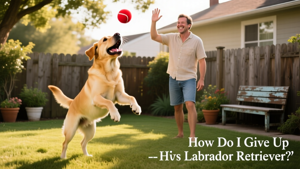 A Labrador Retriever happily playing fetch in a fenced backyard with a smiling adult nearby