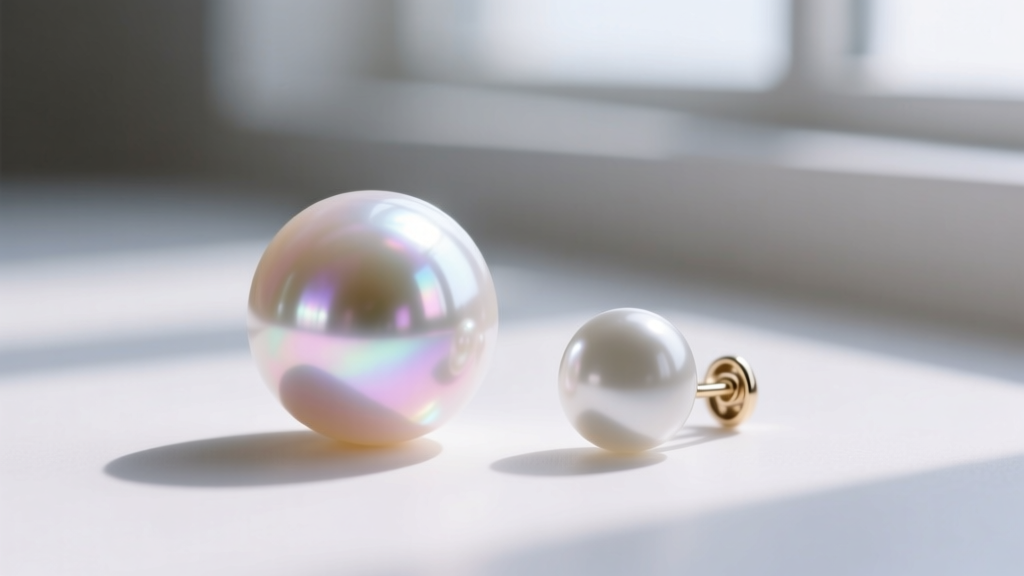 Macro shot of a high-luster round AAA freshwater pearl next to a dull glass pearl typically used in cheap novelty earring drops
