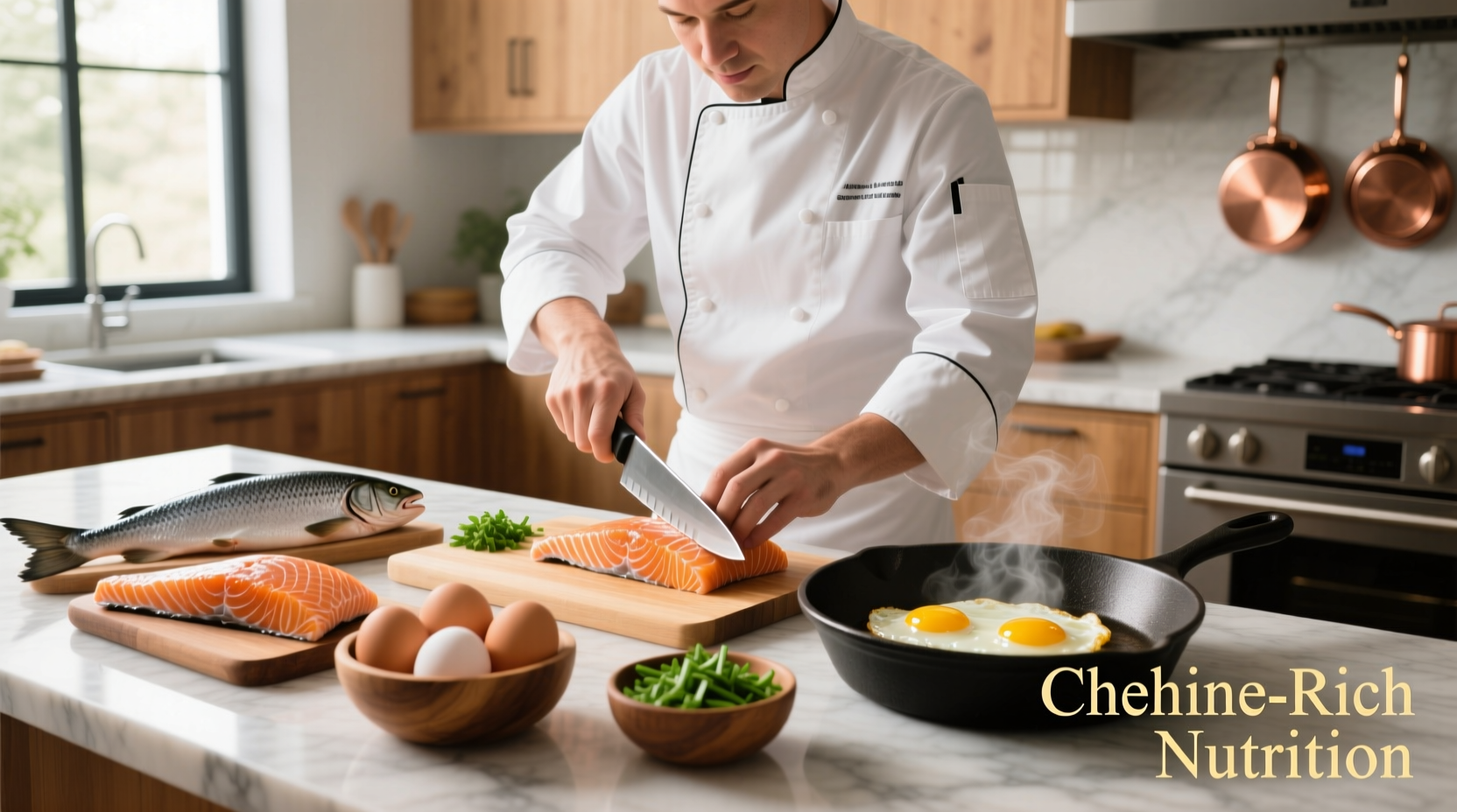 Chef preparing choline-rich foods including eggs and salmon