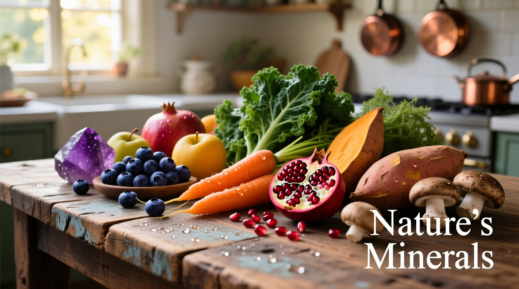 Colorful assortment of mineral-rich foods on wooden table