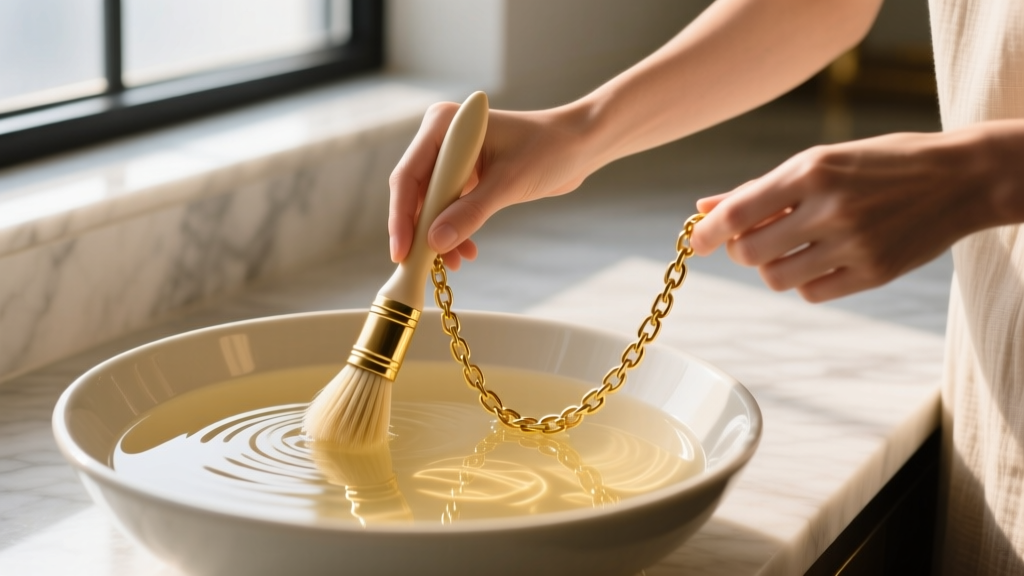 Hands gently brushing an 18-inch gold chain with a soft-bristled brush in a bowl of mild soapy water, bright natural lighting.