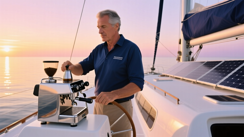 A sailor on a catamaran using a manual stainless steel espresso maker at sunrise, with solar panels visible in the background.