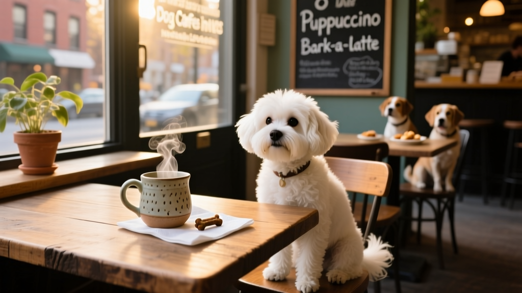 Small white dog sitting politely beside a café table with a ceramic mug and dog treat on a napkin