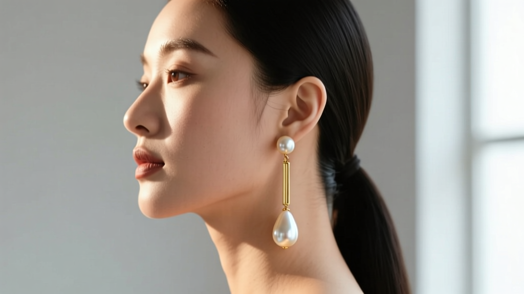 Side profile of a woman with a round face wearing long gold drop earrings with pear-shaped pearls for a lengthening effect.