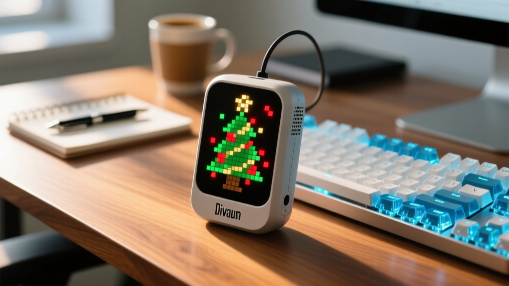 Close-up of the Divoom Ditoo-Mic displaying an 8-bit animated Christmas tree next to a mechanical keyboard on a wooden desk