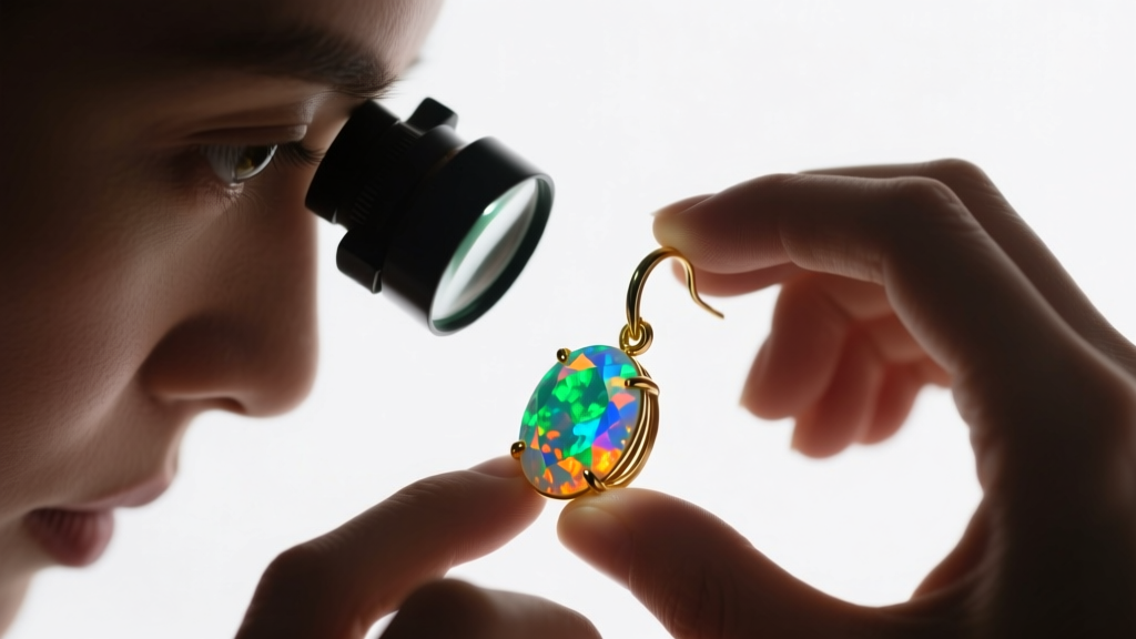 Jeweler examining an opal cluster earring with a loupe to check prong tension and stone clarity under bright studio lighting.