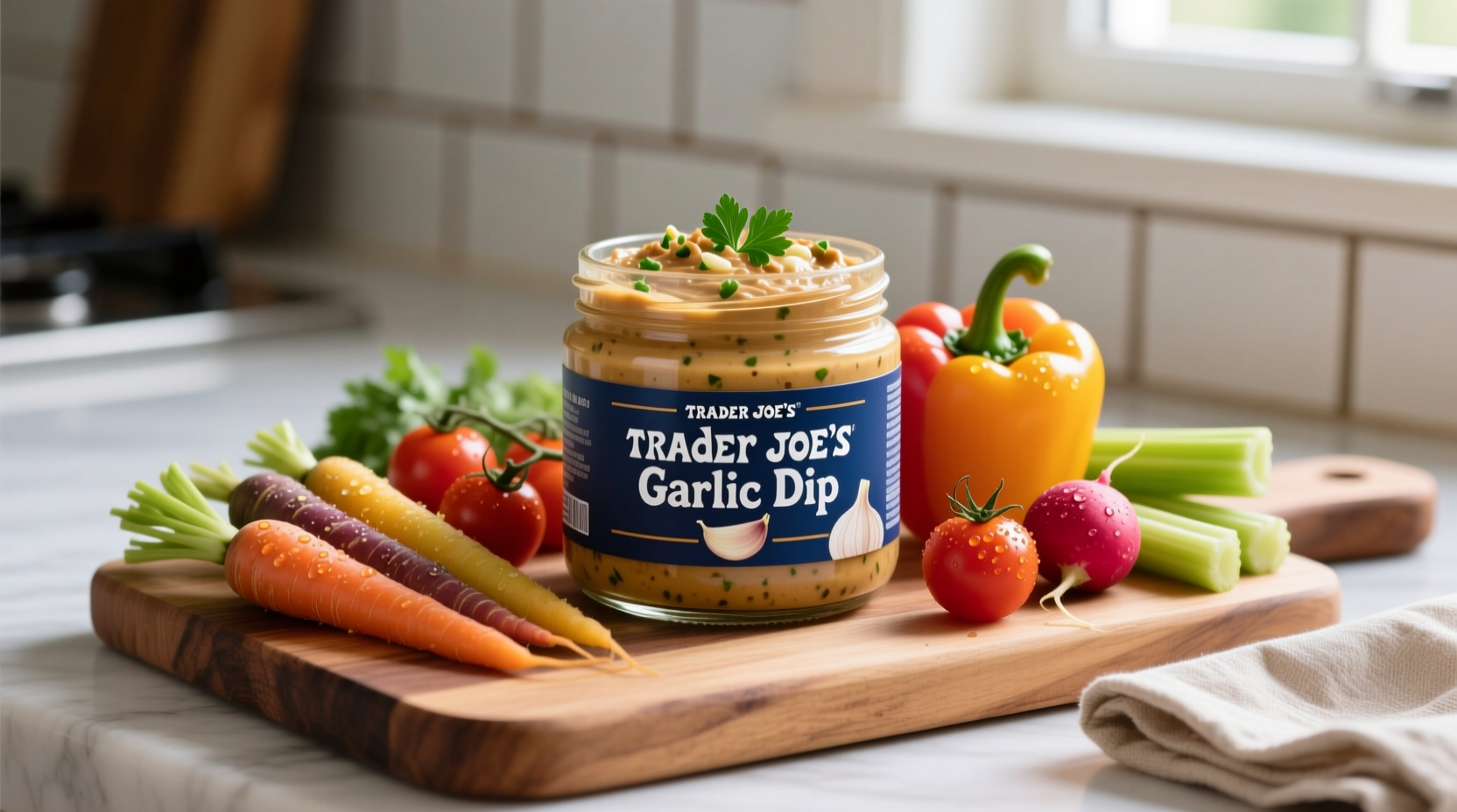 Trader Joe's garlic dip container with fresh vegetables