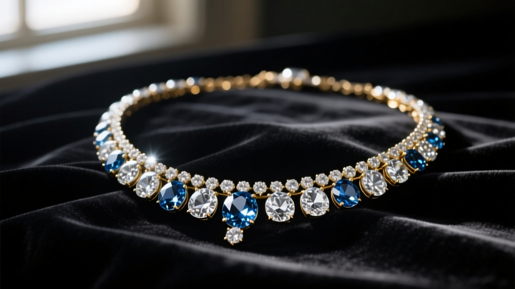 Cinematic close-up of a 19th-century diamond riviere necklace resting on dark velvet with moody lighting and soft shadows.