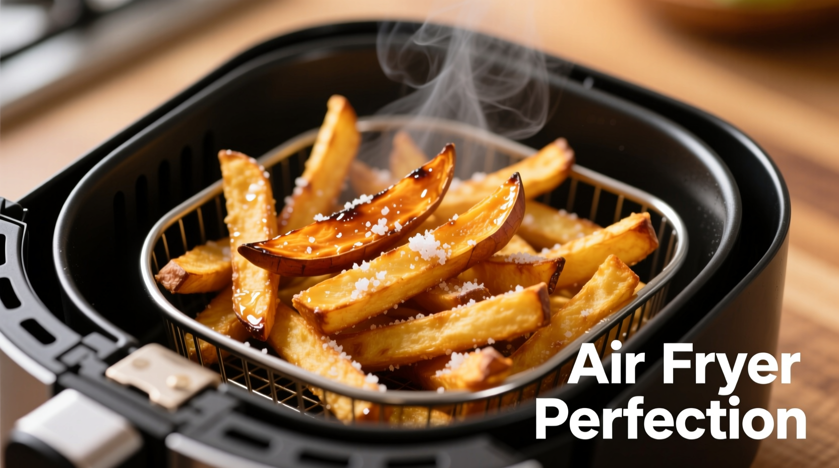 Crispy golden sweet potato fries in air fryer basket