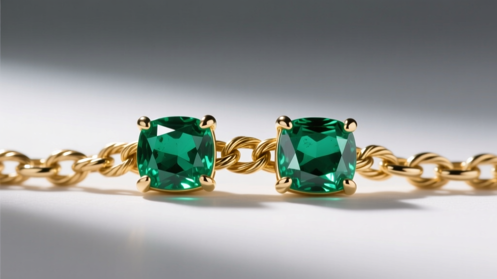 Macro shot of a 20-gauge 18k gold cable chain connecting two bezel-set emeralds, showing proper spacing to prevent stone chipping