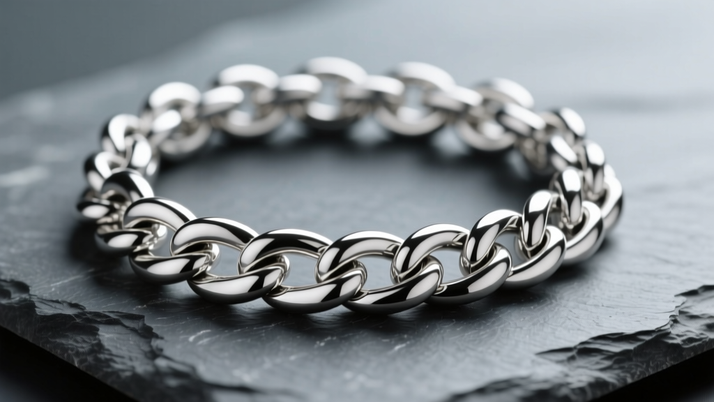 Macro shot of a thick 925 sterling silver Cuban chain on slate, showing polished interlocking links under soft studio lighting.