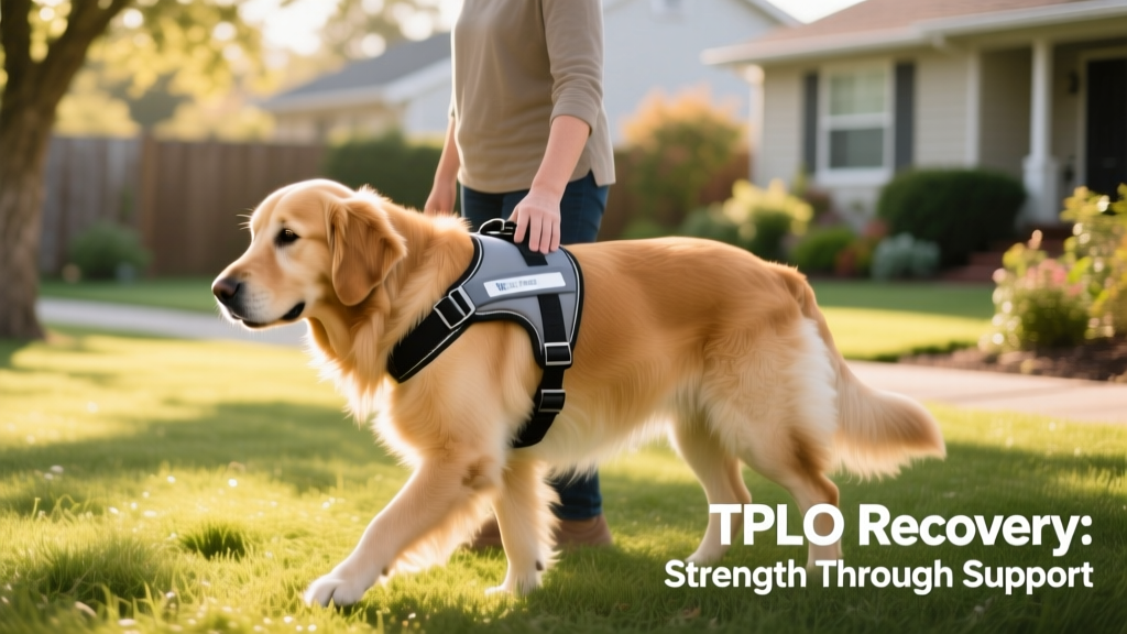 Dog wearing a supportive harness while gently walking on grass with owner supervision