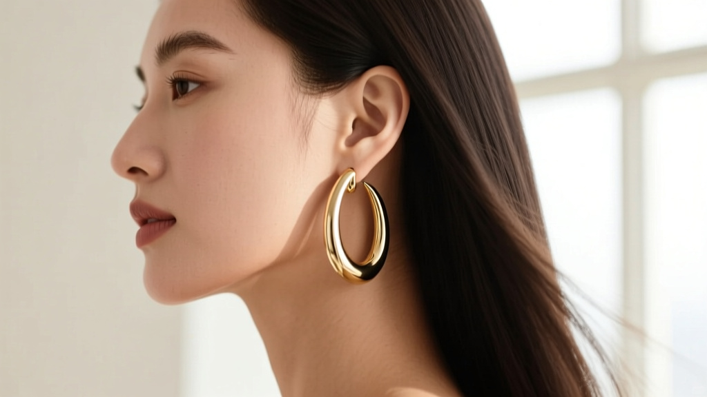 Side profile of a woman wearing a 40mm 14k white gold hoop earring, highlighting the drop length relative to the jawline