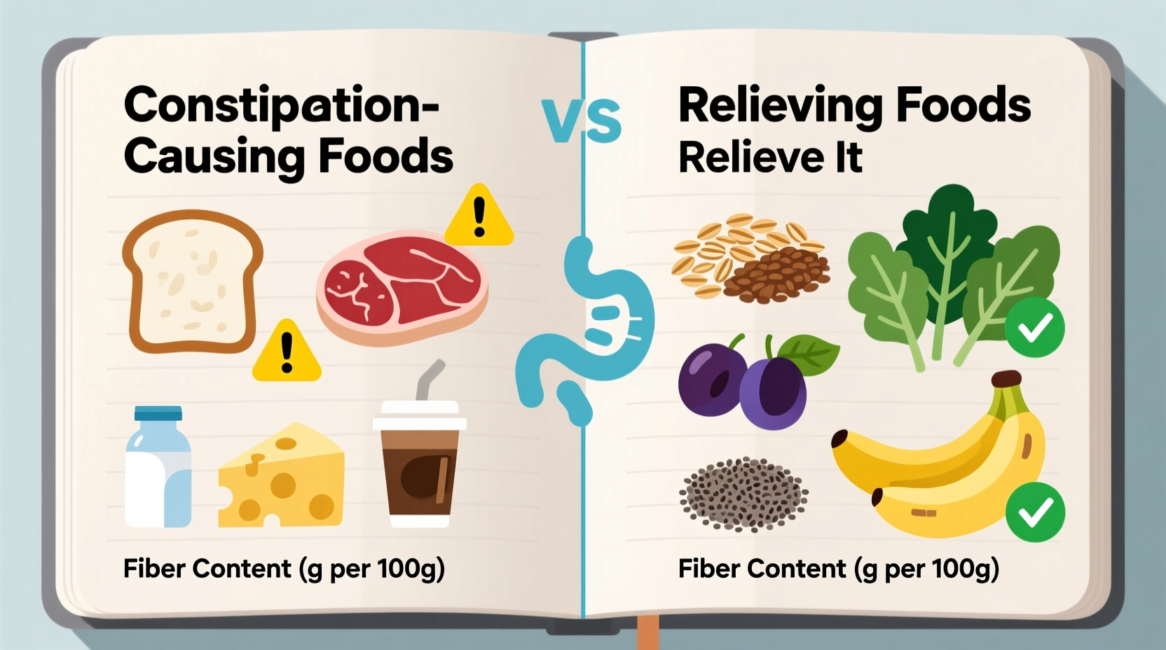 Digestive health food comparison chart showing constipation-causing and relieving foods
