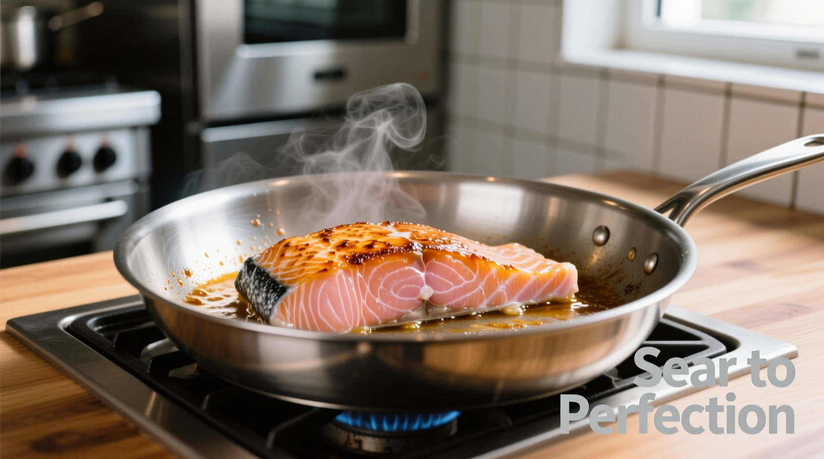 Boneless salmon fillet cooking in stainless steel pan