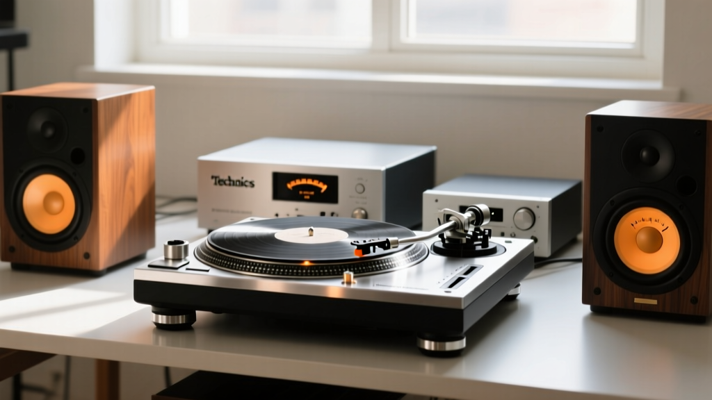 A Technics SL-1200MK7 turntable connected to a desktop DAC and vintage analog speakers with glowing amber VU meters.