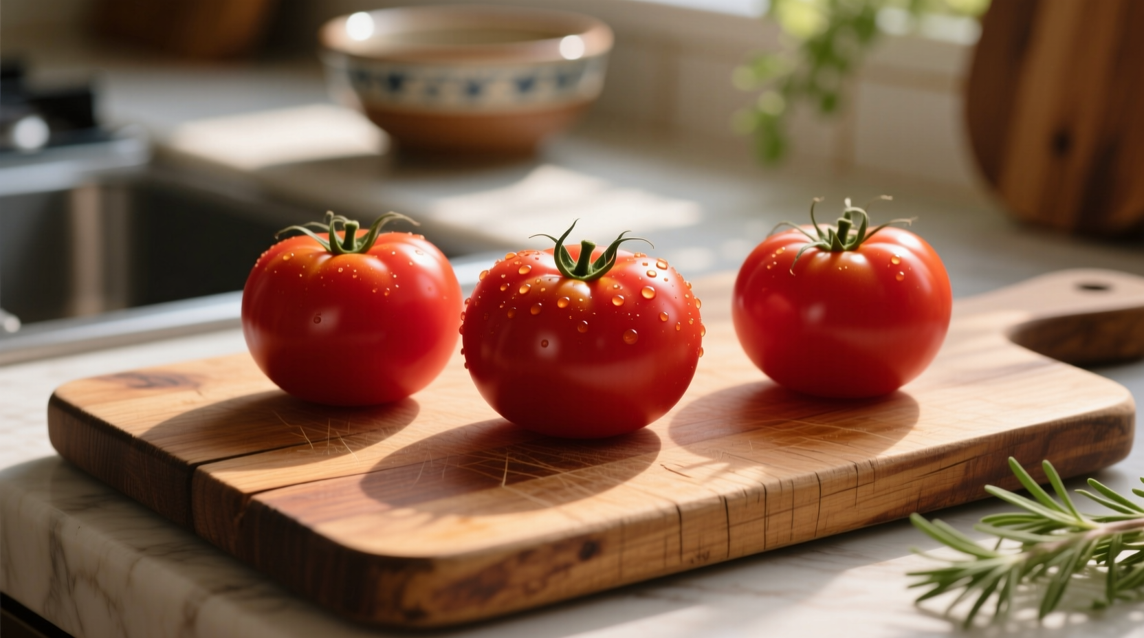 Fresh roma tomatoes on wooden cutting board