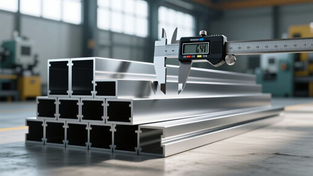 Close-up of anodized aluminum architectural extrusions stacked on a factory floor with digital calipers measuring the profile thickness