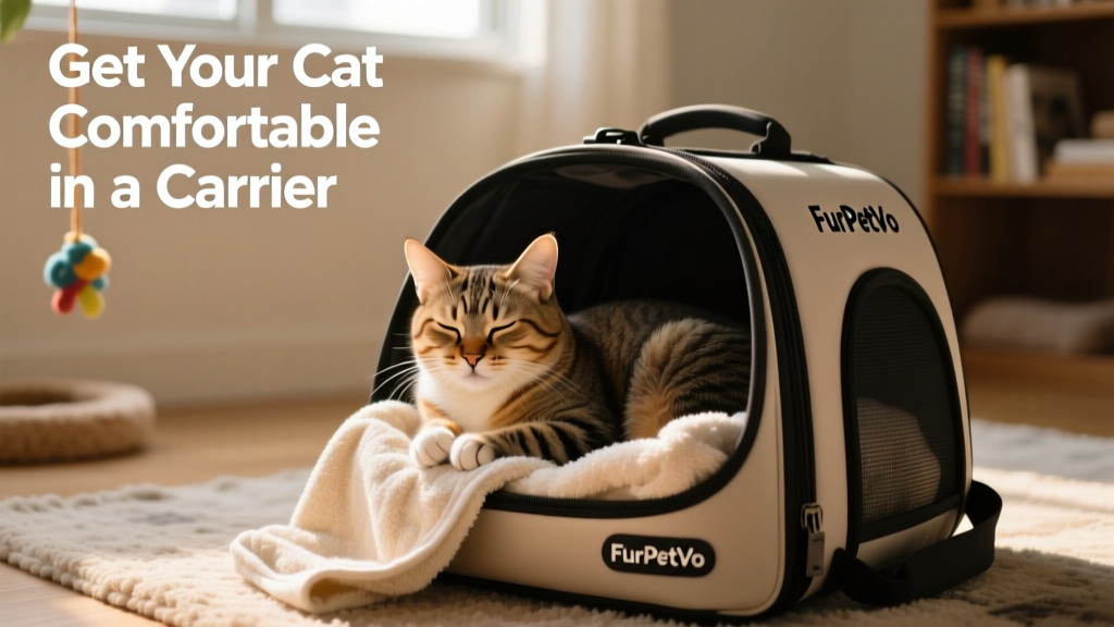 A relaxed cat resting inside a FurPetVo carrier with a soft blanket, partially covered by a light towel