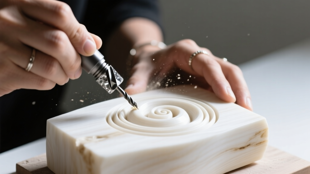 Hands using a diamond rotary burr to carve an intricate koru spiral pattern into a thick, polished white bovine bone carving blank.