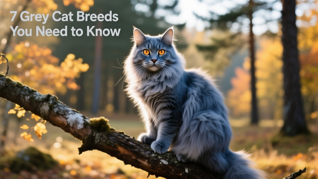 Norwegian Forest Cat perched on a tree branch outdoors, showing its thick, layered blue-grey coat and alert, expressive eyes