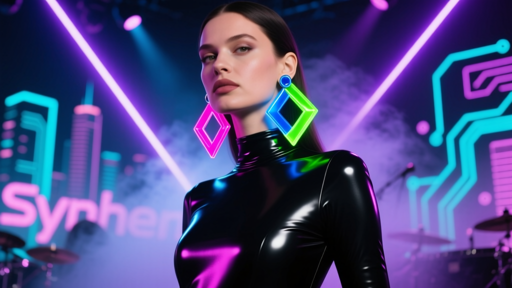 Woman wearing asymmetrical neon geometric acrylic earrings at a synthwave concert, illuminated by purple and cyan stage lasers.