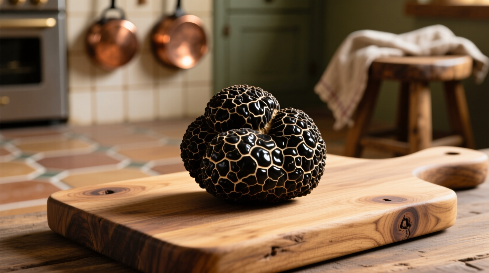 Fresh black truffle with visible marbling on wooden cutting board