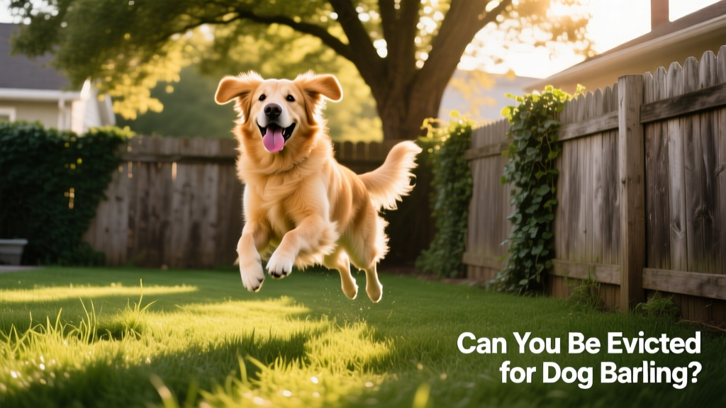 A happy dog playing in a fenced backyard with grass and shade