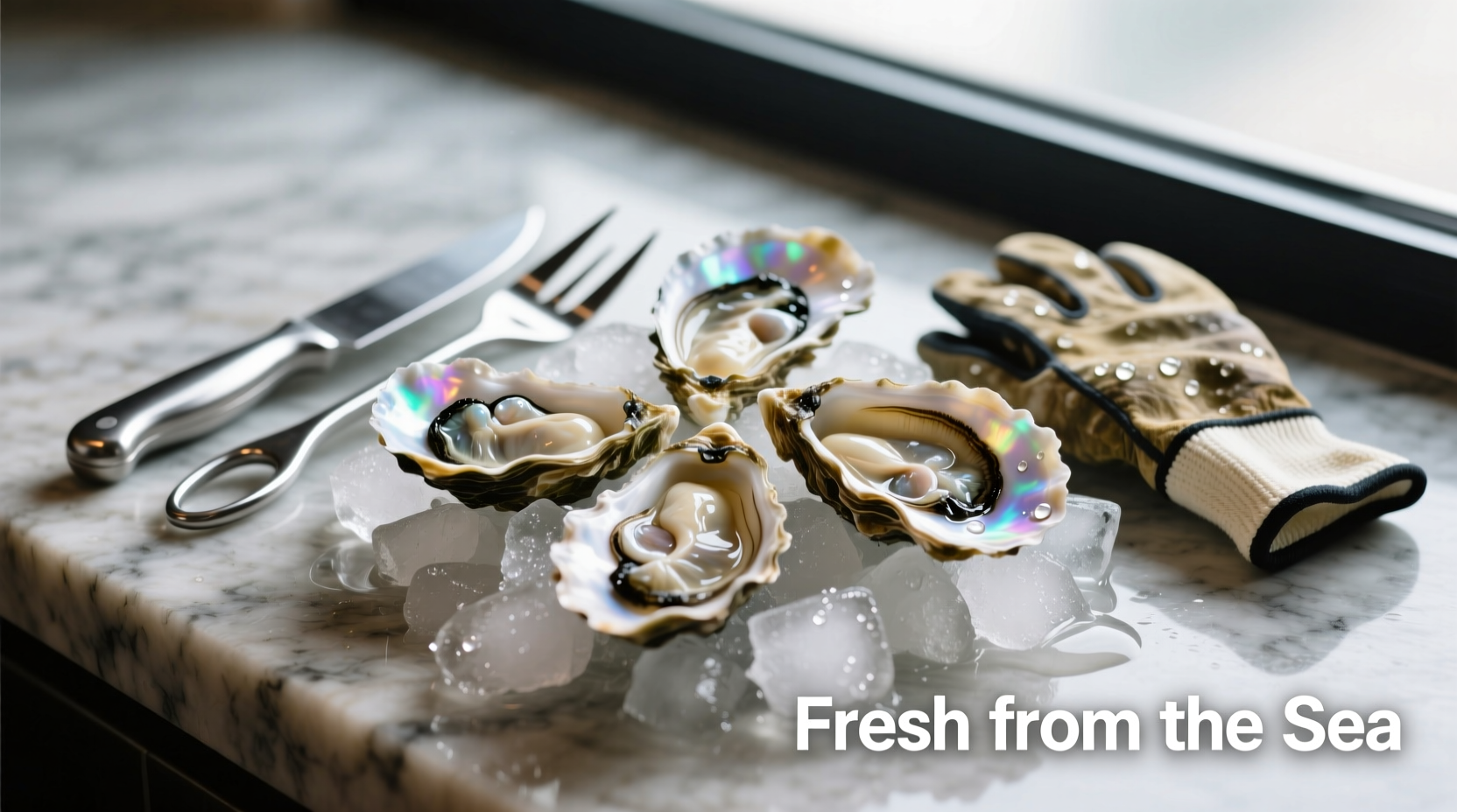 Fresh oysters on ice with shucking tools