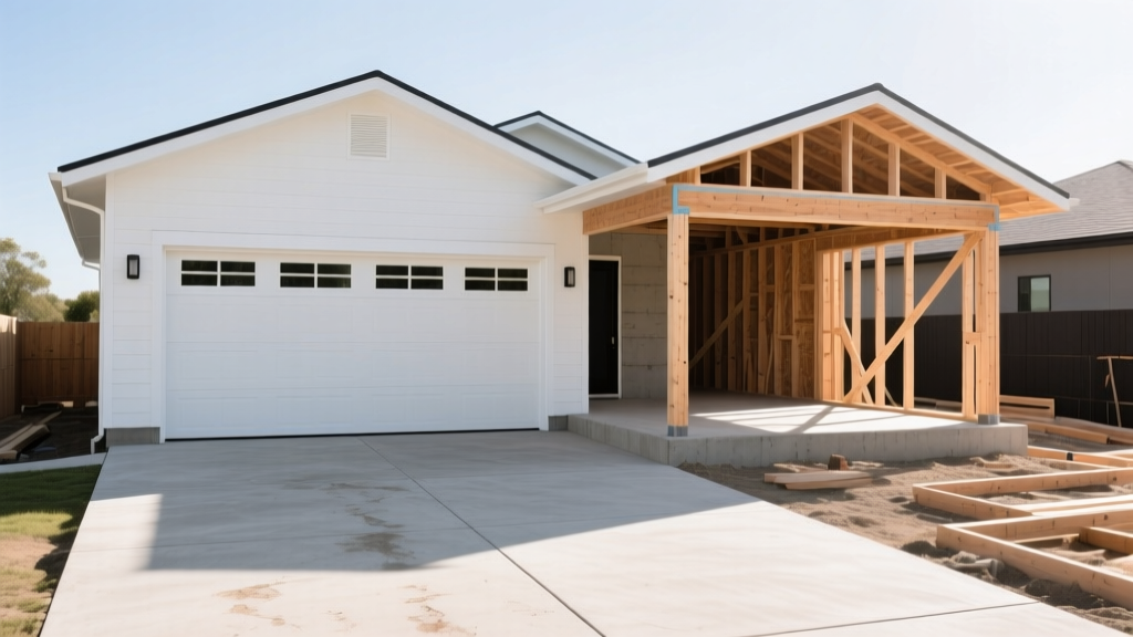 Modern two-car attached garage with white carriage-house door, exposed concrete driveway, and wood framing visible on side extension under construction