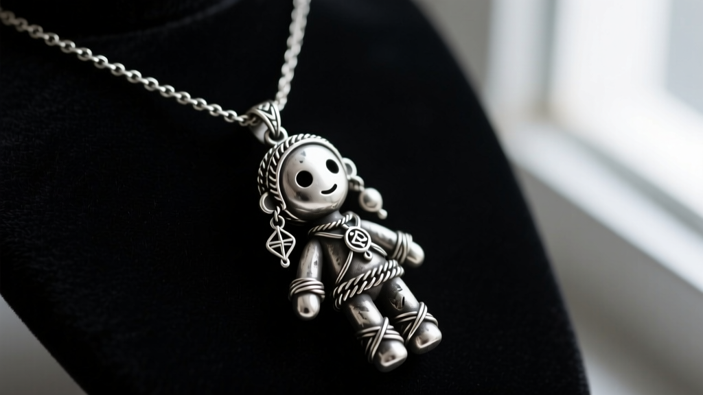 Oxidized sterling silver voodoo doll pendant necklace resting on dark velvet, highlighting intricate metal stitching details.