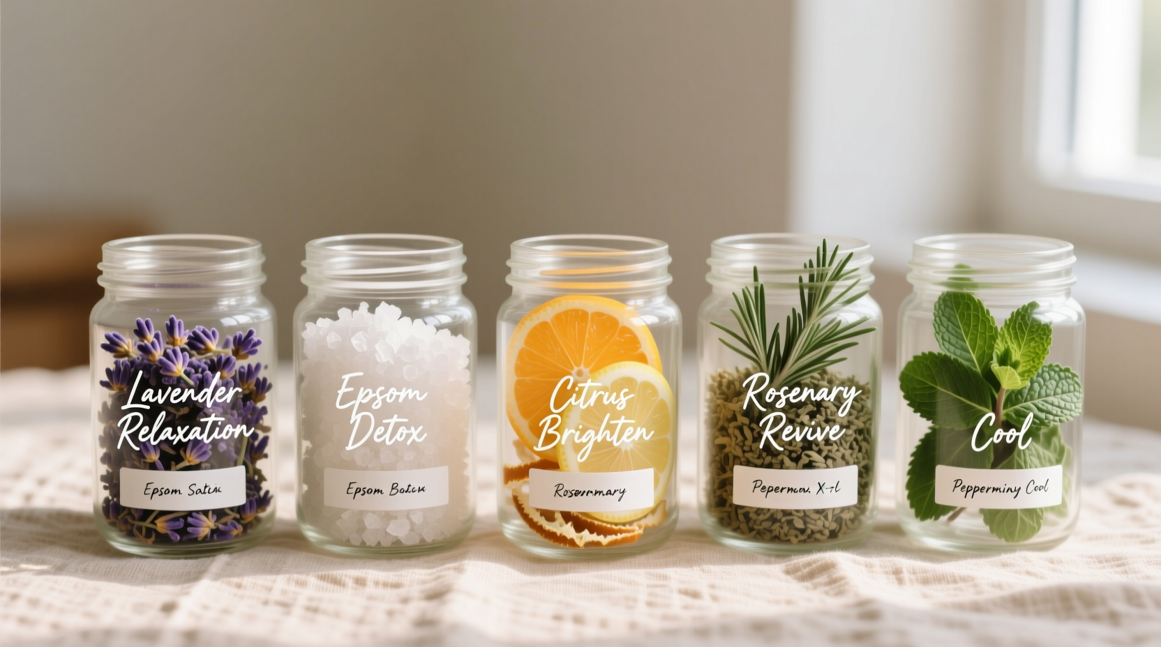 Five natural ingredients for DIY foot soaks in glass jars