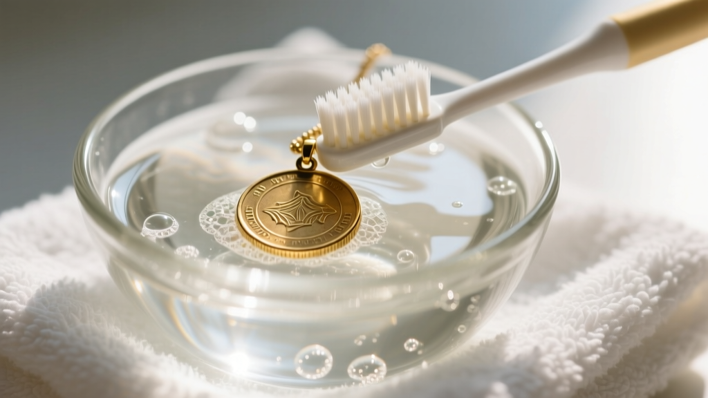 Macro shot of a soft toothbrush cleaning a gold coin pendant in a glass bowl of soapy water, resting on a white cotton towel