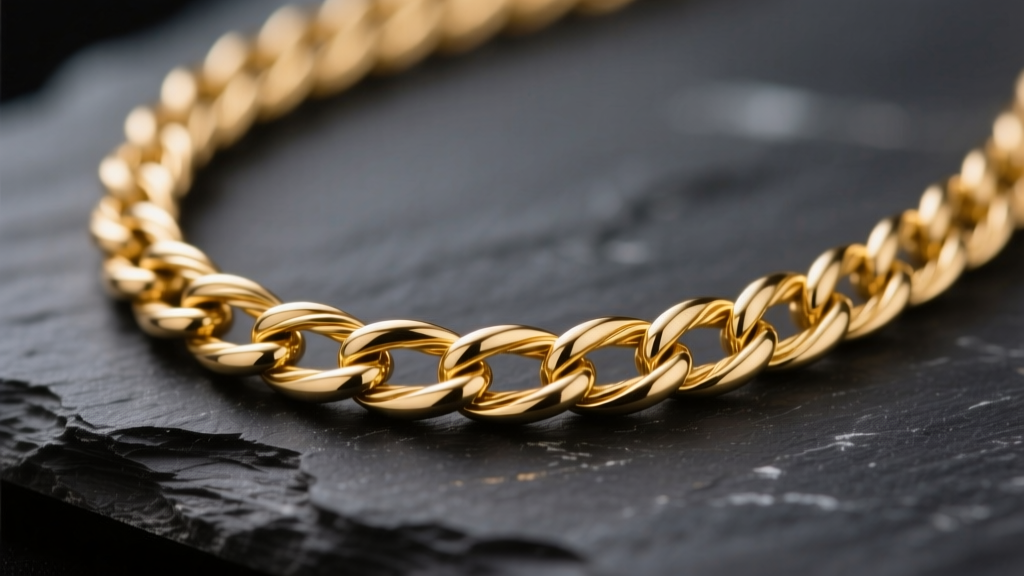 Macro shot of a 14k gold filled jewelry necklace cable chain on dark slate, showing warm luster and precise link soldering.