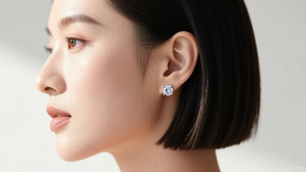 Side profile of a blunt bob haircut showcasing smooth bezel-set diamond stud earrings, avoiding hair snagging, bright daylight