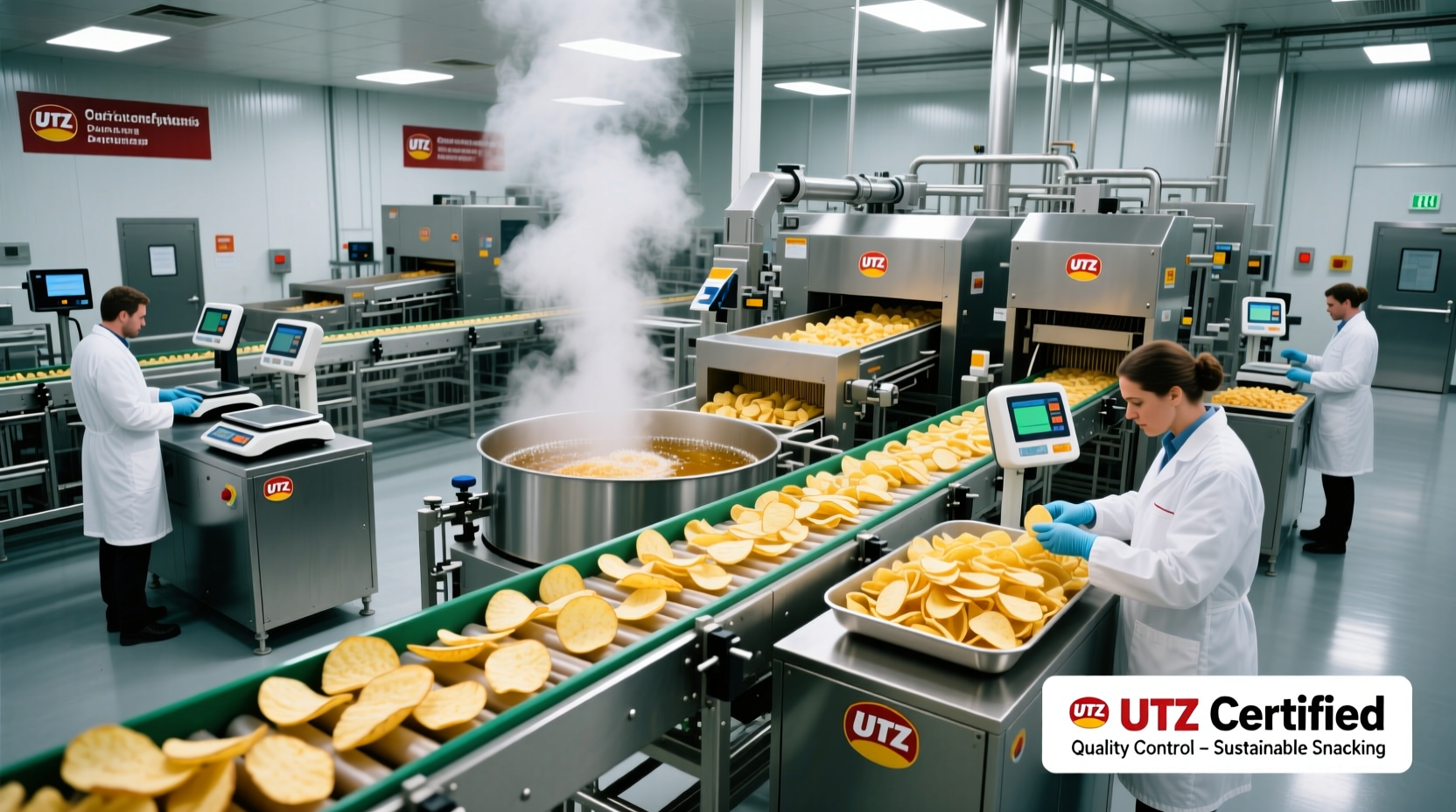 UTZ potato chip production line with quality control stations